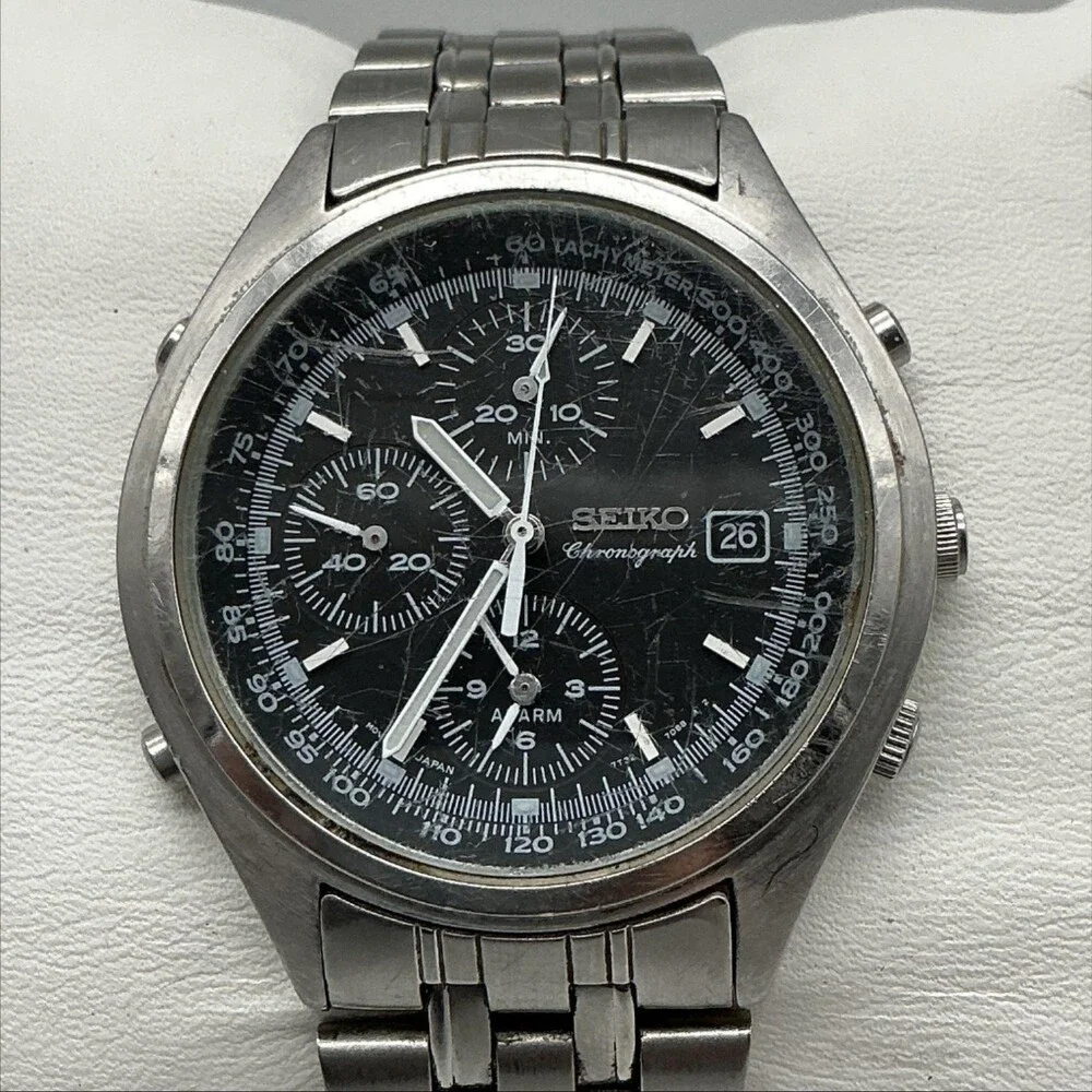 Vintage Seiko Chronograph 7T32-7C60 Mens Watch 39mm Black Dial New Battery 7.25